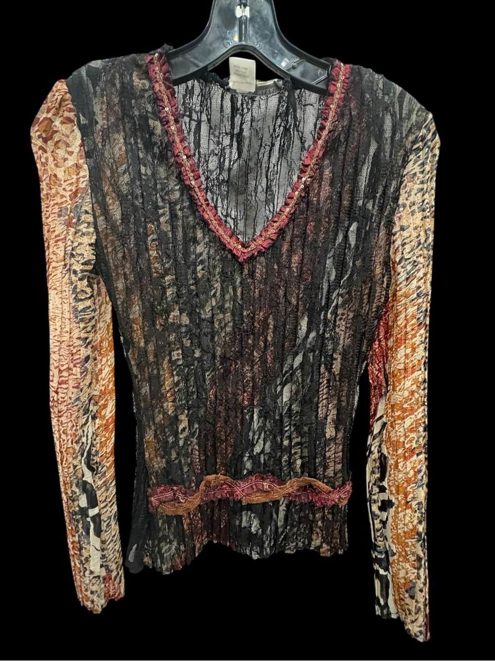 Alberto Makali Sheer Black Crinkle Blouse Burgundy Y2K Size S